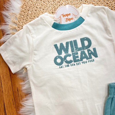 Conj. Camiseta Wild Ocean e Bermuda - Off White e Verde